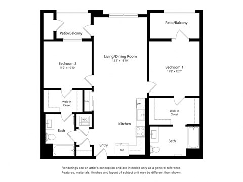 Floor plan for 2 beds, 2 baths, 1115 sqft